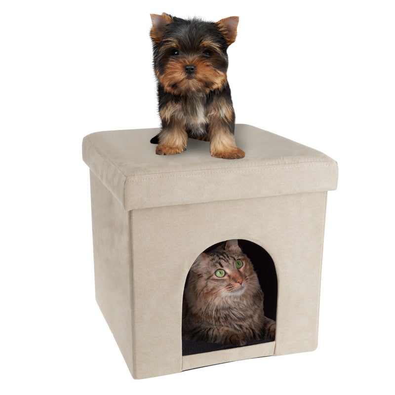 PETMAKER Pet House Ottoman - Collapsible Multipurpose Small Dog or Cat Bed Cube and Footrest with Cushion Top and Interior Pillow by PETMAKER (Microsuede Tan) - Image 1
